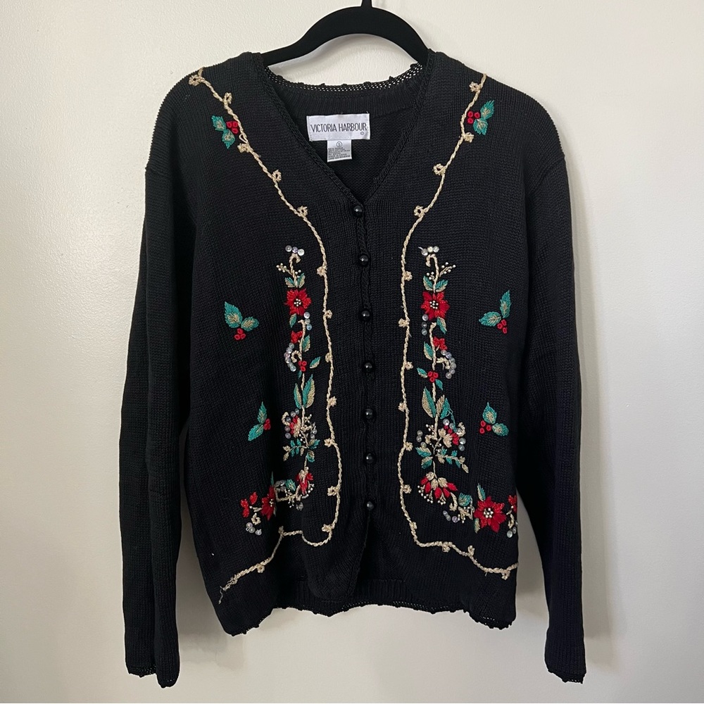 Victoria Harbour black Christmas red poinsettia cardigan sweater vintage small